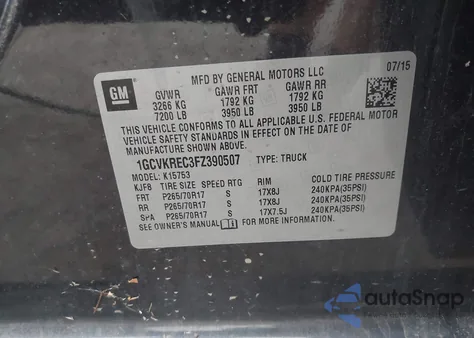 2015 Chevrolet Silverado 1500 1Lt from USA, damaged, VIN 1GCVKREC3FZ390507